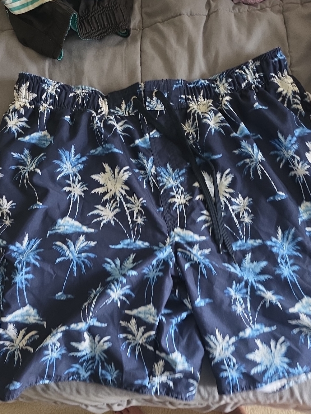 Men's Navy Blue Palm-Print Athletic Swim Shorts